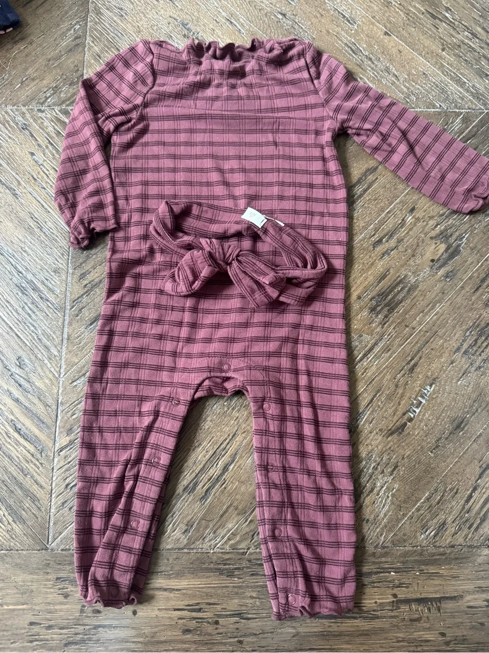cloud island Mauve Plaid Long-Sleeve Baby One-Piece with Headband